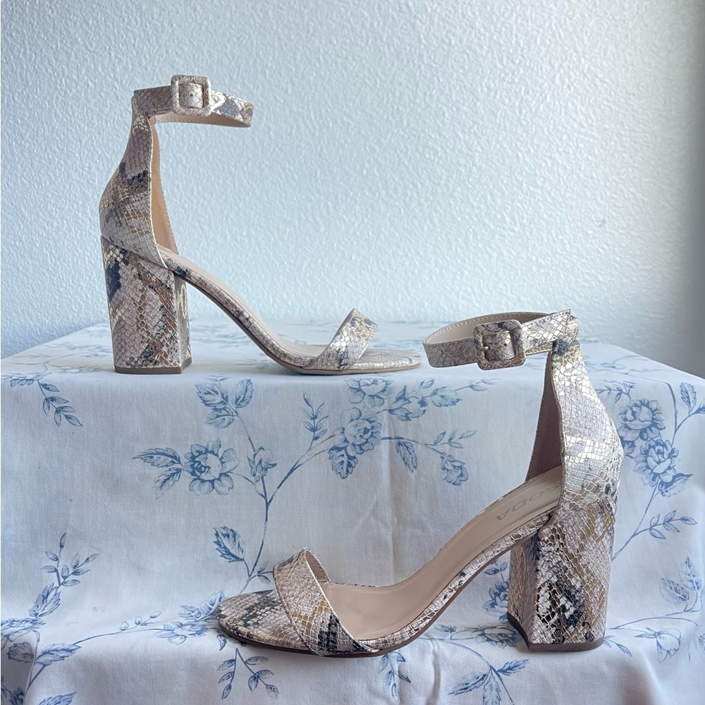 gold snake print block heels